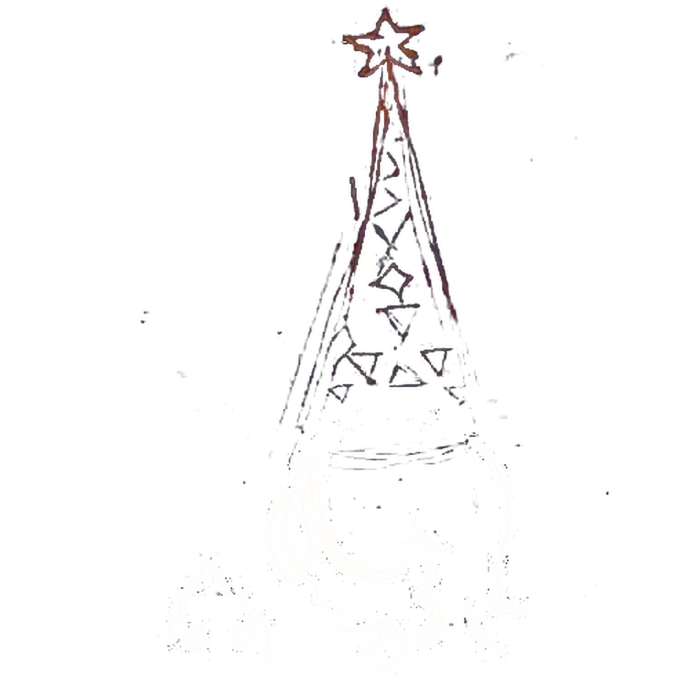 A fir tree drawn in glowing lines with a star on top, and a girl and a little creature beneath it